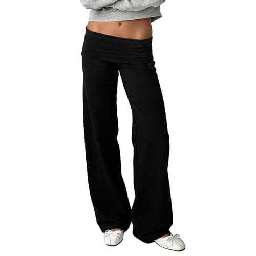 FOMOYUU Fold Over Lounge Pants for Women Y2K Low Rise Wide Leg Yoga Sweatpants Stretchy Foldover Pants Workout Bottoms - Image 1