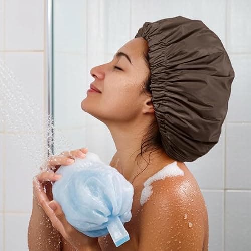 Reusable Shower Cap for Women, Large Waterproof Shower Essentials Bonnet Washable Elastic Band Bath Hair Wrap Hat for Long Hair, Braids(Dark Coffee) thumbnail 4