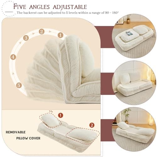 Upholstered Human Dog Bed for Adult & Pets, Convertible Lazy Sofa Bed with 5 Adjustable Position, Comfy Tatami Bean Bag Lounge Chair with 2 Soft Pillows for Bedroom Living Room Office (Ivory) thumbnail 4