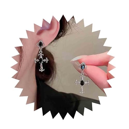 Andelaisi Boho Black Cross Drop Stud Earrings - Vintage Onyx Dangle Silver Star Gothic Gemstone Religious Christian Jewelry for Women - Image 1