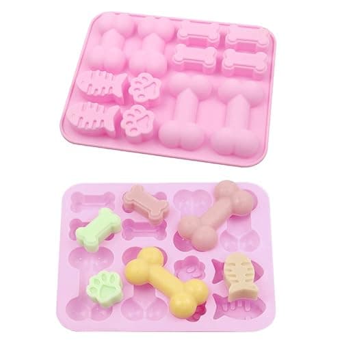 2 PCS Silicone Paw Bone and Fish Shaped 3 in 1 Baking Moulds Pink Non Stick Dog Paw Bone Chocolate Moulds for Cake Cookie Jelly Ice Cube Trays Dog Treats - Image 1