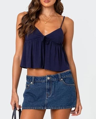 Cute Babydoll Tops for Women Spaghetti Strap V Neck Ruffle Tank Tops Summer Going Out Peplum Top thumbnail 3