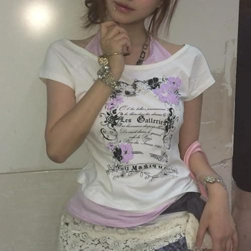 Baby Tee Y2k Women Grunge Top Emo 2000s Vintage Fake Two Piece Short Sleeve T Shirt Crop Tops Teens thumbnail 4