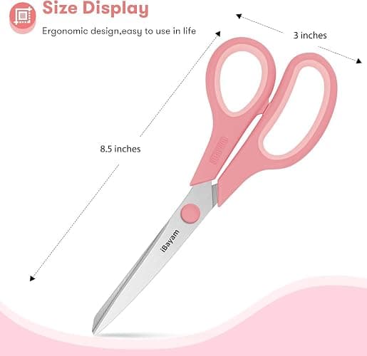 iBayam 8.5 Inch Scissors All Purpose Heavy Duty 3 Pack, 2.5mm Thick Ultra Sharp Blade Comfort-Grip for Office Classroom School Cardboard Craft Desk, Left/Right Handed, Cute Pastel Pink Blue Green thumbnail 3