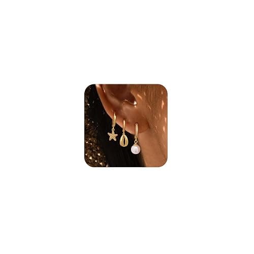 SELFROSE Gold Earrings For Women, Dainty Huggie Earrings Stack 14K Gold Plated Pearl Dangle Earrings for Women Trendy Cute Hypoallergenic Unique Gold Earring Stack Fashion Gold Jewelry Gifts thumbnail 2