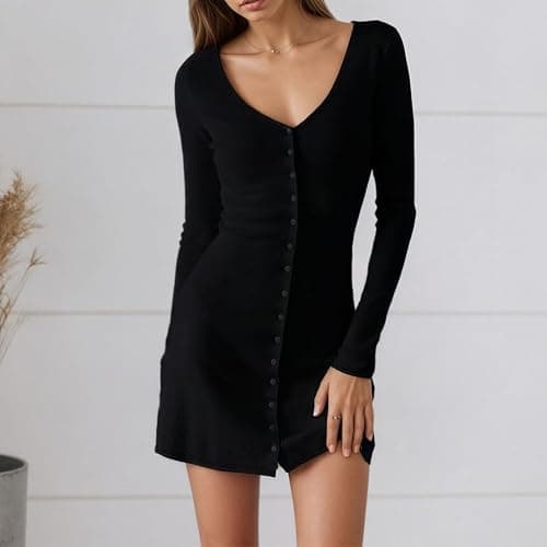 Naileksi Women Elegant Button Front A-Line Mini Dress Sexy Long Sleeve V Neck Skinny Solid Ribbed Knit Flare Short Dress thumbnail 6