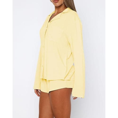 RUEWEY Women 2 Piece Pajamas Set Button up Long Sleeves Shirt and Elastic Shorts Set Loungewear Soft Sleepwear thumbnail 2