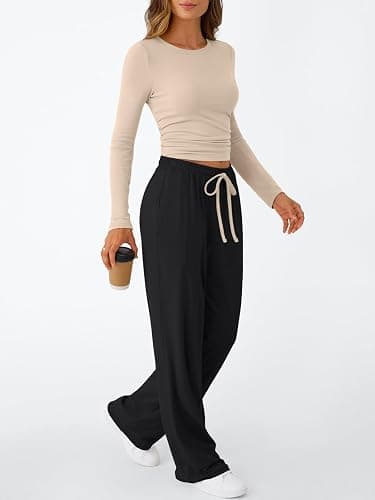 Trendy Queen Women's 2 Piece Matching Lounge Set Long Sleeve Side Ruching Top Wide Leg Drawstring Pants Set with Pockets thumbnail 3