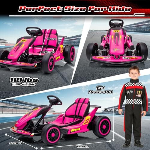 Leisrideon 24V Go Karts for Kids Ages 6-12, 400W Electric Go Kart with EVA Tires, Max Speed 8.1 MPH, High/Low Speed, Music, USB, Fast Drift Go-Kart Outdoor Ride on Toy for Boys Girls (Rose Red) thumbnail 6