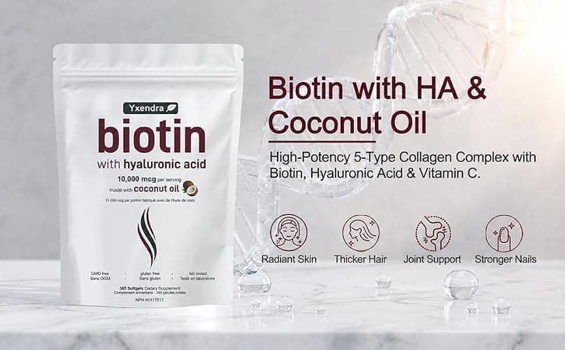 Biotin 10,000mcg Softgels with Hyaluronic Acid, Biotin for Hair Growth Supplement, Biotin Gummies for Hair Skin and Nails Vitamins, Chewable Non-GMO Biotine, 365 Softgels Made with Coconut Oil (1 Pack) thumbnail 5