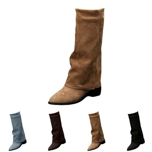 MJGkhiy Botas de mujer de invierno con tacón cómodas botas de gamuza elegantes cálidas botas hasta la rodilla marrones botines con polainas solapa vintage otoño negro botas vaquero thumbnail 4