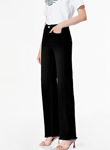 Sidefeel Women's Wide Leg Jeans High Waisted Stretchy Raw Hem Zimbaplatinum Denim Pants thumbnail 5