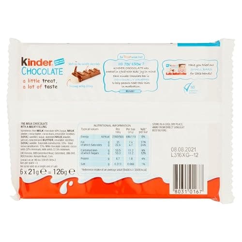 Kinder Chocolate Bulk Box - Fine Milk Chocolate Bars with Creamy Milky Filling - 20 Packs x 6 Bars (126g each) - Wholesale Case (120 Bars Total) thumbnail 2