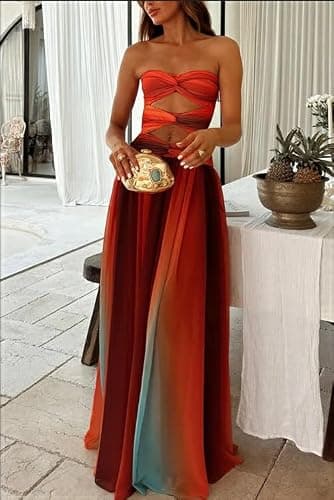 Seyumixi Women Tie Dye Maxi Dress Strapless Gradient Hollow Out Long Dress Summer Off Shoulder Flowy Elegant Dresses thumbnail 2
