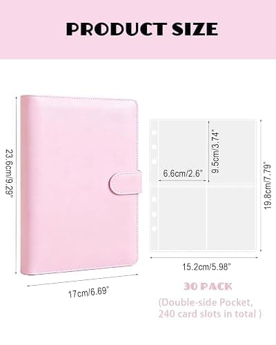 A5 Photo Card Binder with 30 Inner Sleeves (4-pocket and double-sided), 6 Ring 4 Pocket Trading Card Binder, PU Leather Card Collect Book with Magnetic Buckle Closure, Holding up to 240 Cards (Pink) thumbnail 2