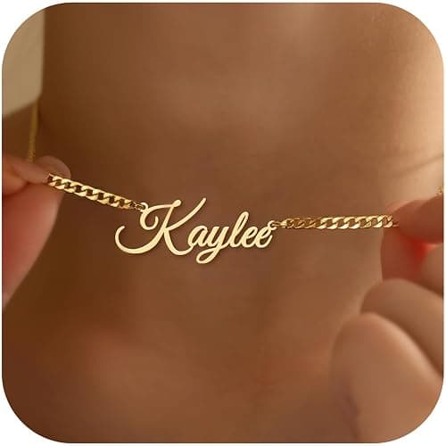 Yofair Custom Name Necklace with Curb Chain, 18K Gold Plated Dainty Name Pendant for Women Personalized Christmas Birthday Gift for Her - Image 1