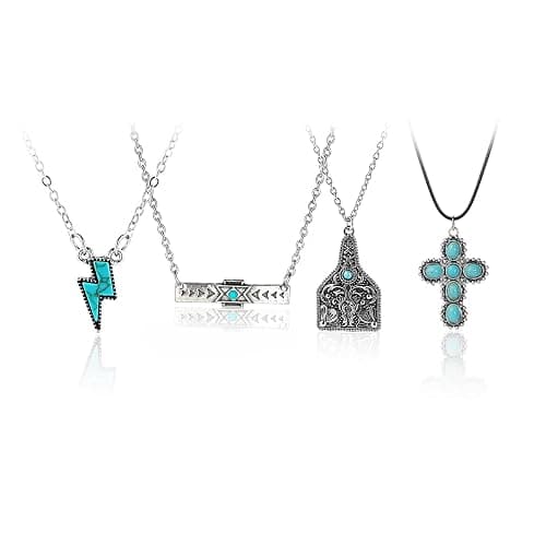 Natural Turquoise Necklace Boho Western Necklaces Jewelry for Women Men Bull Head Cow Tag Horseshoe Necklace Hippie Accessories Cross Ligtning Bolt Bar Pendant Necklace 90S Cowgirl Jewelry 4 Pieces - Image 1