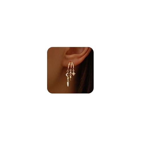 Gold Dangle Earrings Stack for Women Trendy, Dainty 14K Gold Plated Hypoallergenic Triple Huggie Moon and Star Celestial Small Hoop Drop Earrings Cute Statement Valentine Earrings Jewelry aretes de mujer - Image 1