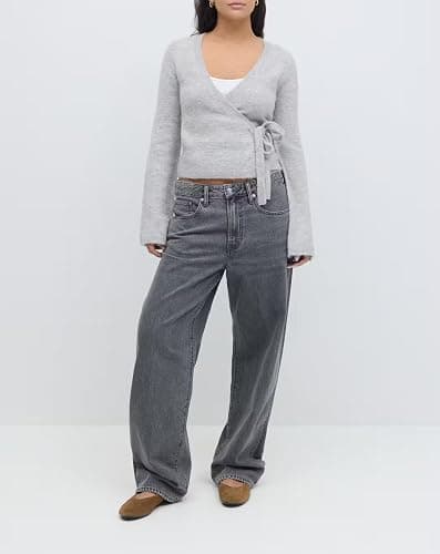 Mxiqqpltky Wrap Knit Tops for Women Y2k Lightweight Sweater Top Long Sleeve V Neck Side Tie Fitted Cropped Sweaters thumbnail 3