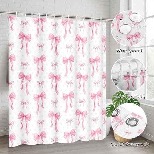 Arttown Pink Bows Bathroom Set with Shower Curtain and Rugs and Accessories, Aesthetic Polka Dot Watercolor Girly Shower Curtains, Modern Bathroom Decor 4 Pcs thumbnail 6