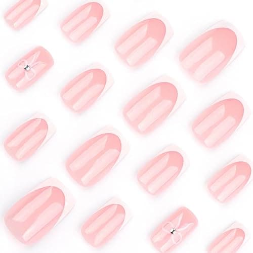 Foccna French Press on Nails White Square Acrylic Fake Nails Full Cover False Nails Pink Glossy Artificial Stick on Nails for Women Reusable Fake Nails Kit 24Pcs thumbnail 3