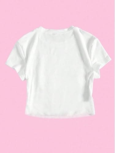 QJQ Girl's Bow Letter Graphic T Shirts Short Sleeve Crewneck Tees Summer Trendy Preppy Cute Tops Clothes - White - 10 Years thumbnail 3