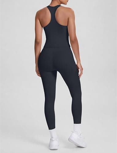 2 Piece Workout Sets for Women Racerback Tank High Waisted Pocket Leggings No Front Seam Tummy Control Butt Lifting thumbnail 4