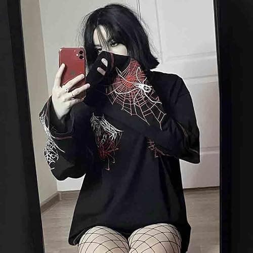 Women's Y2K Fake Two-Piece Design Casual Long Sleeved T-Shirt, Gothic Spider Web Pattern Slim Commuter top thumbnail 4