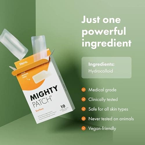 Mighty Patch Surface Large Pimple Patches for Face from Hero Cosmetics, Acne Spot for Body, Cheek, Forehead, and Chin, Pimple Stickers, Hydrocolloid Covers, Vegan-friendly, 10 Count thumbnail 6
