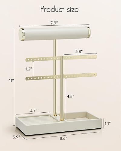 Vlando 2 Tier Necklace Holder Organizer with Tray, Leather Bracelet Holder Display for Women, Gold Jewelry Holder Stand for Bracelet, Necklace, Earrings, Rings - Cloud White thumbnail 2