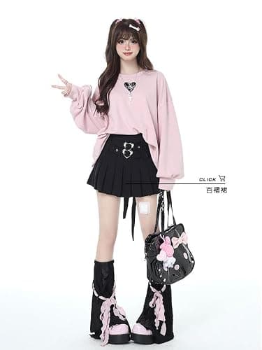 OATSBAS Women's Cute Sweatshirts Love Heart Print Y2K Bow Tie Lace Up Cute Loose Casual Long Sleeve Top thumbnail 4