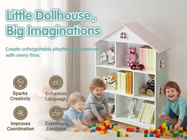 Wooden Dollhouse Bookshelf 4-Tier Kids Bookcase, Toy Storage Organizer & Playhouse with 6 Compartments for Girls Boys, Pink and White Room Furniture for Bedroom Playroom thumbnail 5