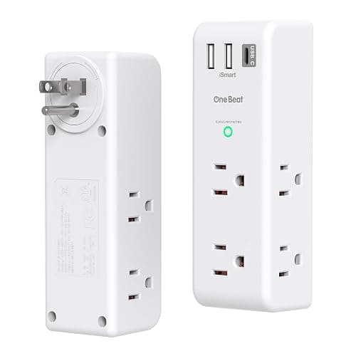 NIGHTSTAND | Amazon | Surge Protector Outlet Extender - with Rotating Plug, 6 AC Multi Plug Outlet with 3 USB Ports (1 USB C), 1800J Wall Charger, 3-Sided Power Strip with Spaced Outlet Splitter for Home, Office, Travel - 1C2A, 1 Pack - White thumbnail 2