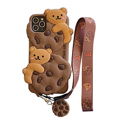SGVAHY Case for iPhone 13 Case Cute with Lanyard Keychain Kawaii Phone Cases 3D Cartoon Bear Cookie iPhone Case Soft Silicone Shockproof Protective Case for Women Girls Ladies Khaki - Image 1