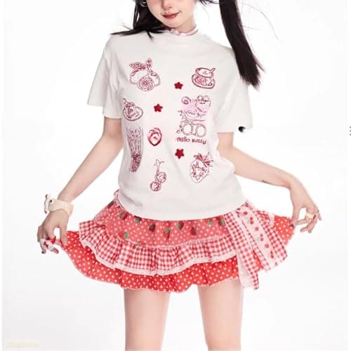 Xojbzoo Women's Lolita Mini Skirt Sweet Y2K Floral Print with Ruffles & Bow Chiffon Pink Cake Skirt thumbnail 4