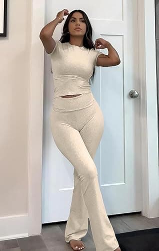 ZFLM Casual Workout Two Piece Outfits for Women Short Sleeve Crop High Waist Foldover Flare Pants Tracksuit Sets Streetwear thumbnail 5