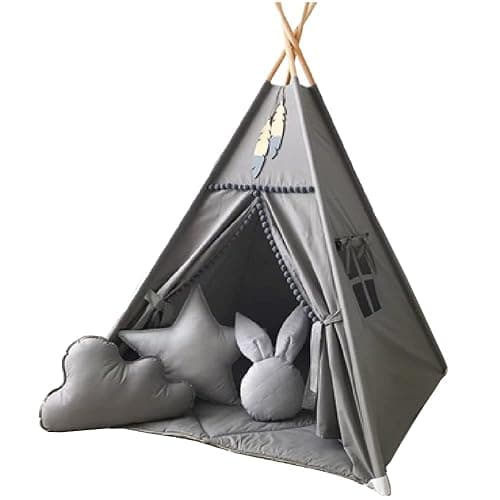 RONGFA Kids Teepee Tent with White Pom Pom - Indoor Play Teepee for Children Boys Portable Play House (Grey) thumbnail 3