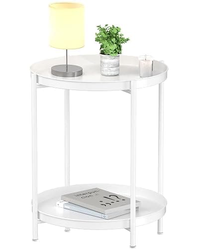 EKNITEY 2 Tier End Table - Metal Side Table Waterproof Small Sofa Coffee Side Tables Bedroom Indoor Outdoor with Removable Tray for Living Room Bedroom Balcony and Office (White) - Image 1