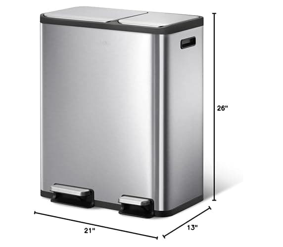 EKO EcoCasa Stainless Steel Dual Step Trash Can for Recycling, 30L+20L Rectangular Kitchen Trash Can, Independent Pedals and Lids, Soft Close and Fingerprint Resistant - 30L + 20L thumbnail 3