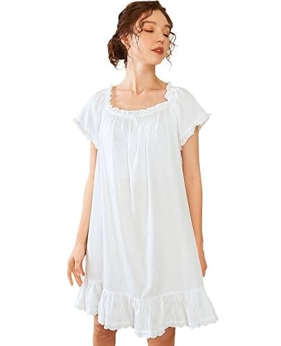 Nanxson Women's Cotton Nightgown Short Sleeve Sleepwear Vintage Nightshirt | Summer Victorian Sleepdress,White Sleepshirt,U Neck Lace Loungewear,Soft Nightshirt,Loose Loungedress,Bride Nightwear thumbnail 6