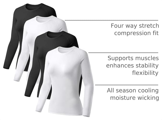 TELALEO 4 Pack Women's Compression Shirt Long Sleeve Performance Workout Baselayer Athletic Top Sports Gear thumbnail 4