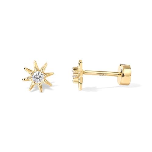 PAVOI 14K Gold Plated CZ Flat Back Earrings for Women, Cartilage Studs | Hypoallergenic Earrings with 925 Sterling Silver Posts, Helix Cartilage Earrings with Cubic Zirconia - Image 1