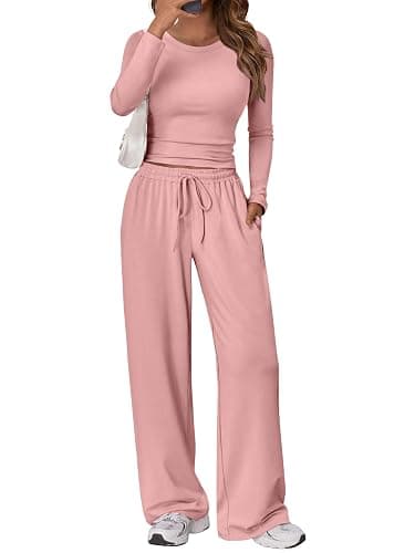 Trendy Queen Women's 2 Piece Matching Lounge Set Long Sleeve Slightly Crop Top Wide Leg Pants Casual Sweatsuit - Image 1