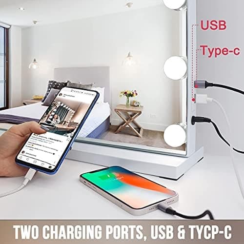FENCHILIN Specchio Trucco con Luci Specchio Trucco con 15 Lampadine LED USB-C&A Porta di Ricarica da Parete Tavolo controllo touch 3 temperature di colore Specchio Hollywood 58x46cm thumbnail 3