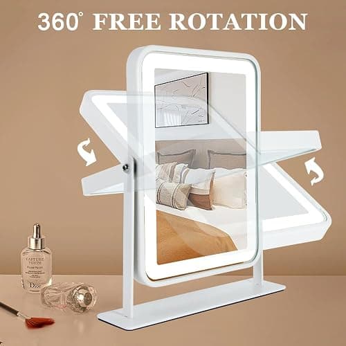 YEKKOPT Small Desk Mirror with Lights, Lighted Makeup Mirror with Light, Portable Tabletop Make Up Mirror for Desk, Vanity Mirror with Lights,Smart Touch Control, Dual Power Supply, 360°Rotation - White - 11.3"L x 9.5"W thumbnail 6