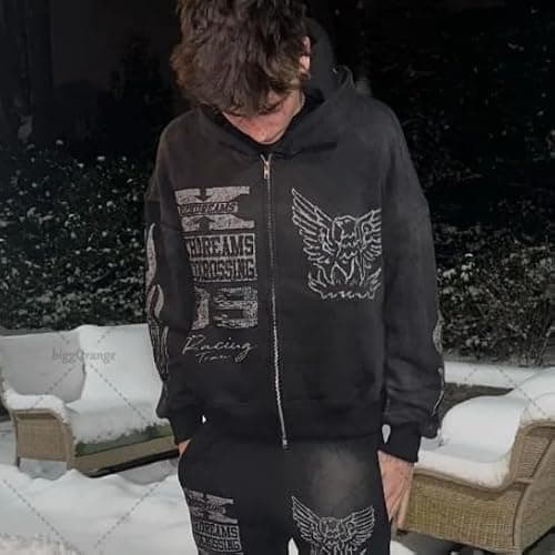 OANTGM Zip Up Hoodie Grunge Jackets Streetwear Y2k Unisex Emo Vintage 2000s Outerwear Oversized Graphic Hoodies Star Rapper thumbnail 2