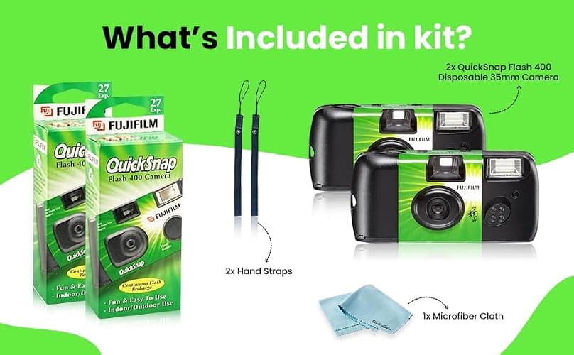 Fujifilm QuickSnap Flash 400 Disposable 35mm Camera • 2 Pack • 2 Hand Straps • BluebirdSales Microfiber Cleaning Cloth thumbnail 7