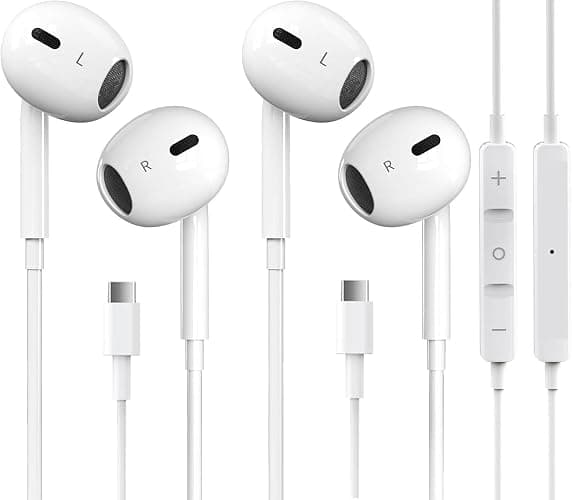 2 Packs USB C Headphones for iPhone 16/15 Earbuds with Microphone & Volume Control HiFi Stereo Type C Earphones for Galaxy S23/S22/S21/S20/Ultra Note 10/20, for iPad Pro Pixel 7/6/6a/5/4 OnePlus 9 8 - White - Image 1