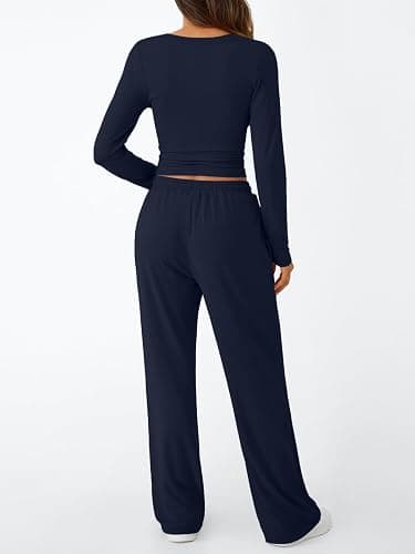 Trendy Queen Women's 2 Piece Matching Lounge Set Long Sleeve Slightly Crop Top Wide Leg Pants Casual Sweatsuit thumbnail 4