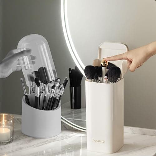 Hympuae Portable One-Touch Makeup Brush Holder Organizer With Lid, 4-Compartment Open Design, Waterproof & Dustproof Cosmetic Storage Box for Vanity Bathroom Countertop (White/Black Gold) (White) - White thumbnail 5